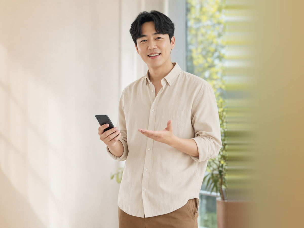 다음머니 카드깡할부대출 휴대폰을 들고 손짓하며 말하는 남성 고객